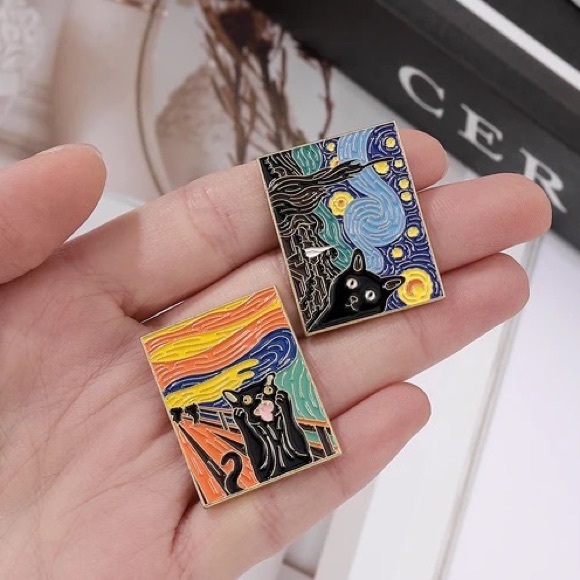 Set of 3 Artsy Black Cat Enamel Gold Metal Pins Van Gogh Artist Parody Cats Gift - Picture 6 of 12